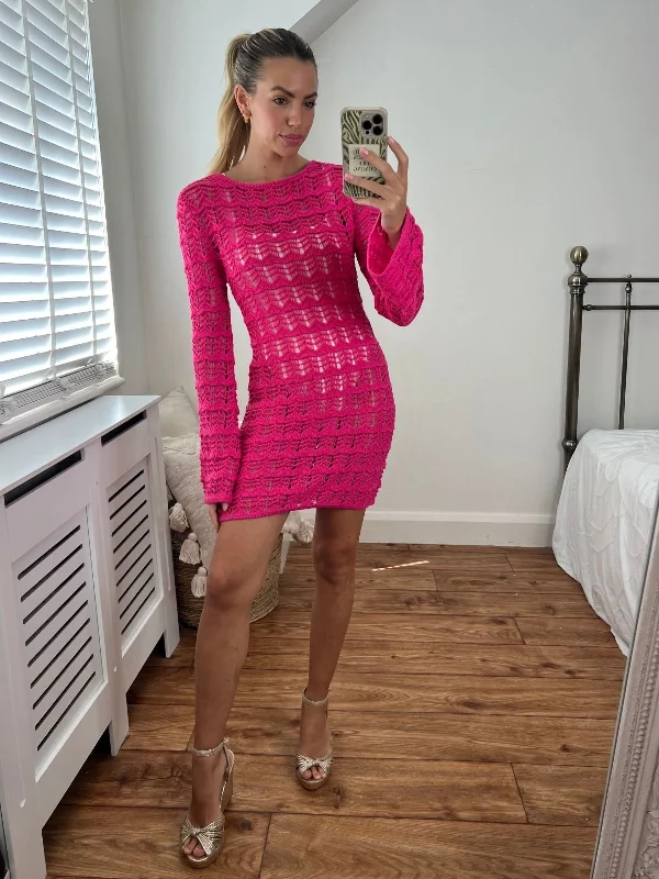 ladies-mini-dress-cold-shoulder-chic-Ocean Long Sleeve Lace Back Mini dress / Pink