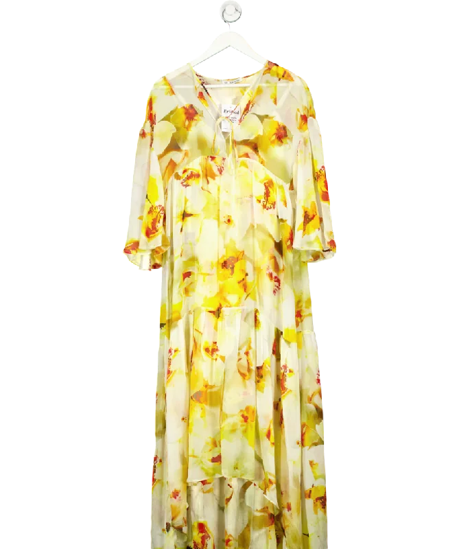 ladies-maxi-dress-stretchy-sway-Uli Herzner Yellow Summer Silk Floral Print Maxi Dress UK S/M