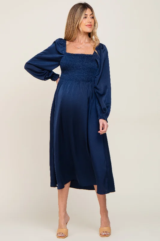 Women's midi dress twirl chic -Navy Blue Smocked Square Neck Satin Maternity Midi Dress