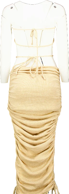 ladies-maxi-dress-travel-tide-Baby Boo Gold Metallic Ruched Maxi Dress UK M