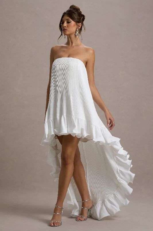 ladies-maxi-dress-feminine-fable-Whistler | White Chiffon Bandeau High-Low Ruffled Maxi Dress