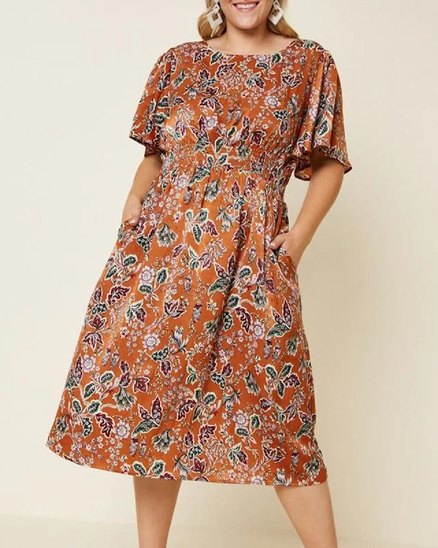 Women's midi dress warm glow -Woodstock Floral Satin Smock-Waist Midi Dress | Rust orange with green & maroon floral print