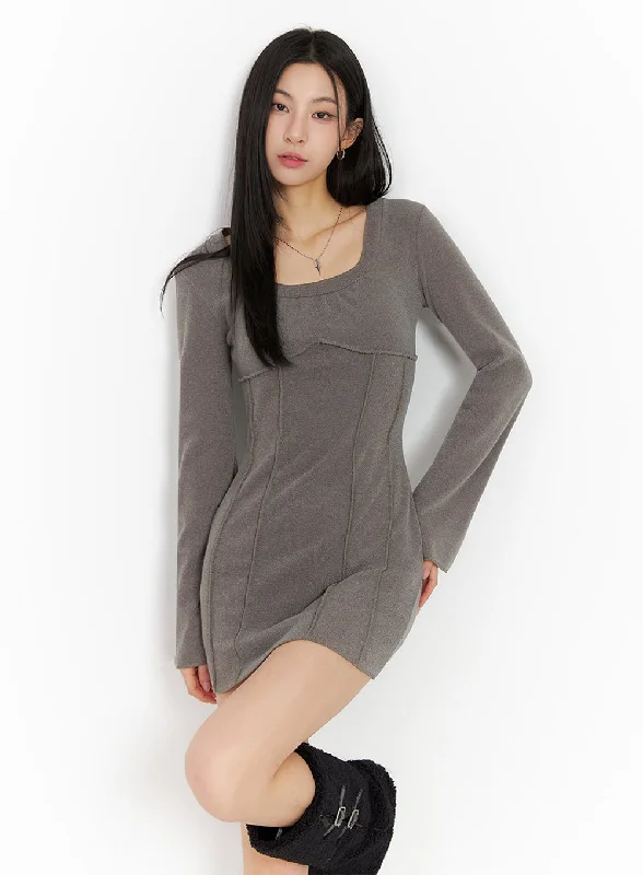 ladies-mini-dress-buttoned-buzz-Cozy Long-Sleeve U-Neck Mini Dress ID431