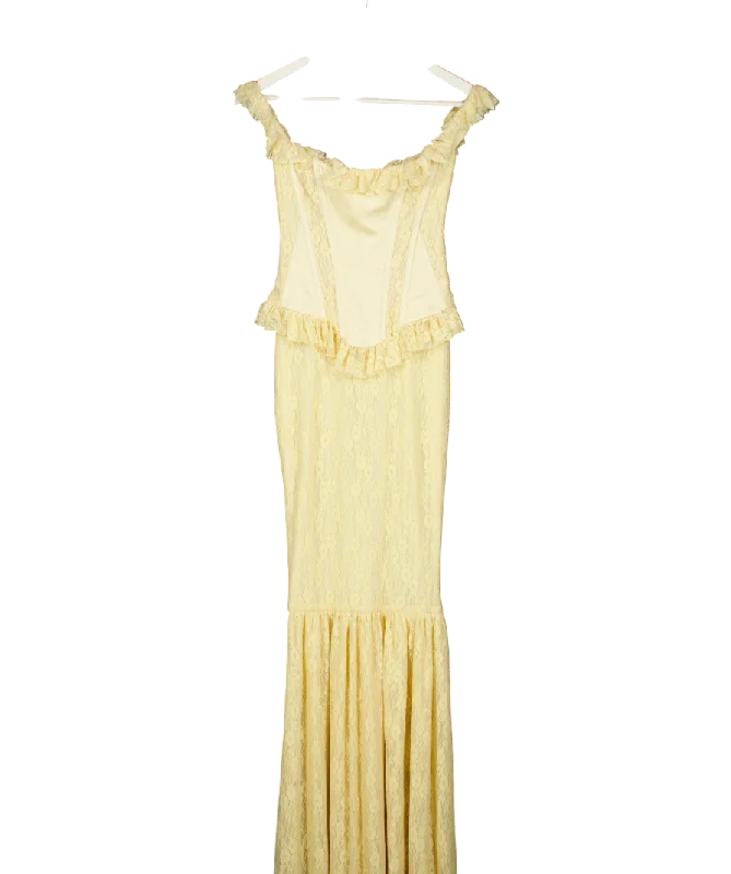 ladies-maxi-dress-fringe-fable-Miss Circle Yellow Ersilia Satin Lace Peplum Corset Off Shoulder Maxi Dress UK XS