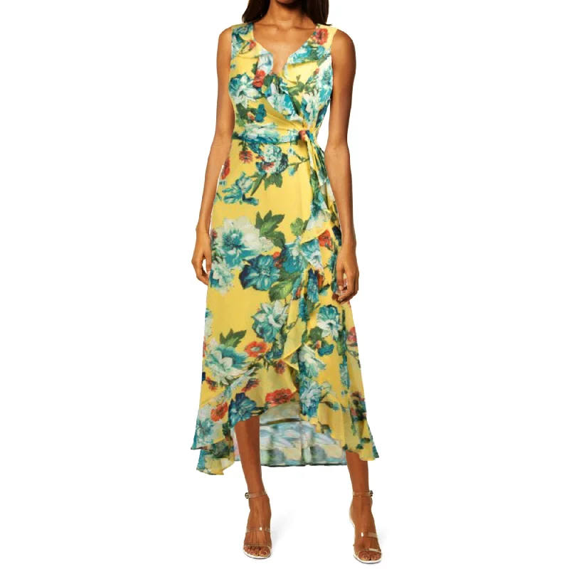 Women's midi dress still pop -London Times Women's Floral Print Ruffle Trim Wrap Chiffon Midi Dress