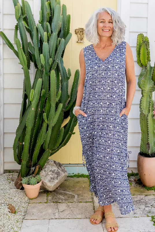 ladies-maxi-dress-denim-dusk-Tribal Turtle Cotton Maxi Dress