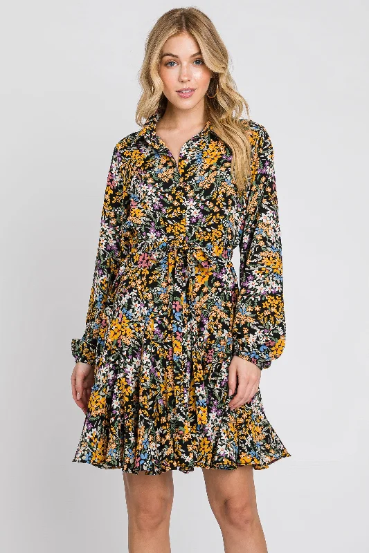 Women's flare dress sparkly -Marigold/Black Floral Flare Dress