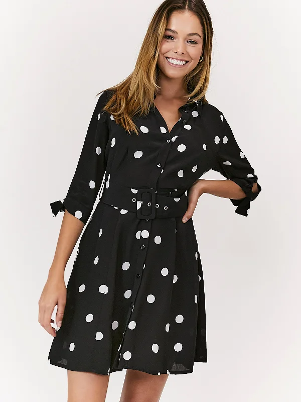 ladies-mini-dress-pleated-play-Olivia Mini Belted Shirt Dress / Mono Spot