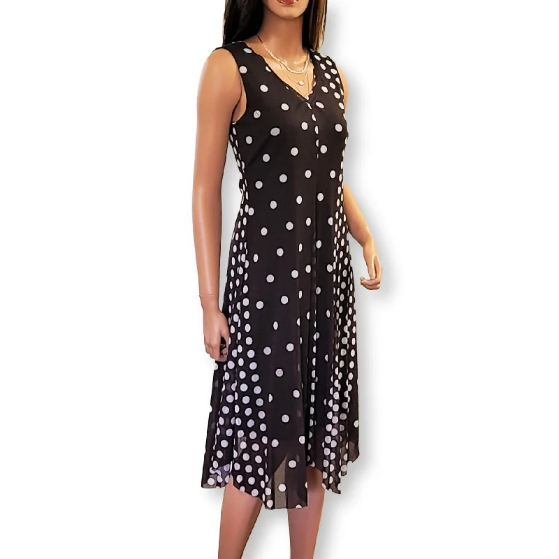 Women's midi dress gleam glow -T TAHARI Polka Dot print Sharkbite Hem Mesh Overlay Midi Dress