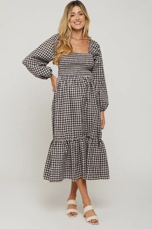 Women's midi dress hot flair -Black Gingham Long Sleeve Maternity Midi Dress