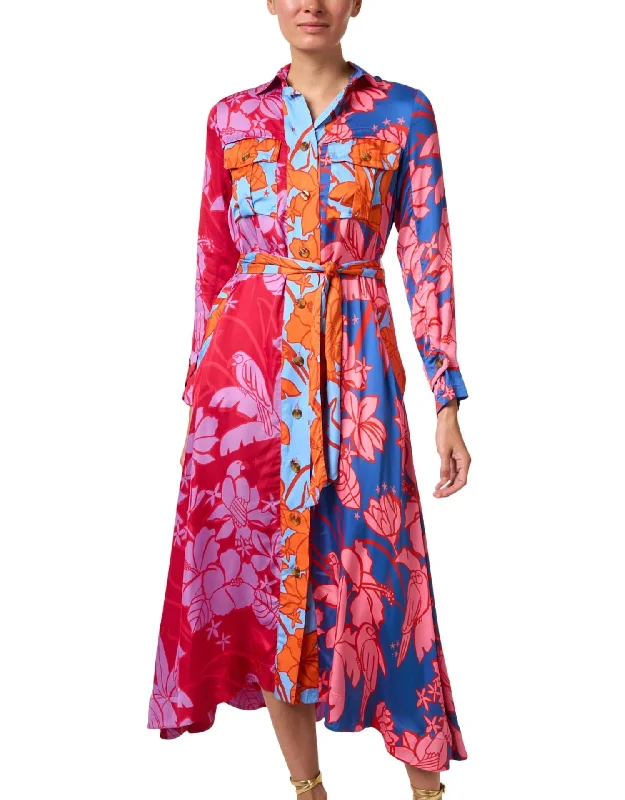 Women's shirt dress half pop -Tie-Waist Shirt Dress In Multi Floral Print