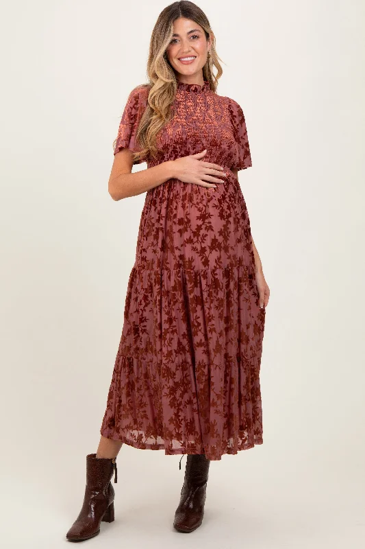 Women's midi dress tame flair -Mauve Floral Velvet Print Smocked Maternity Midi Dress