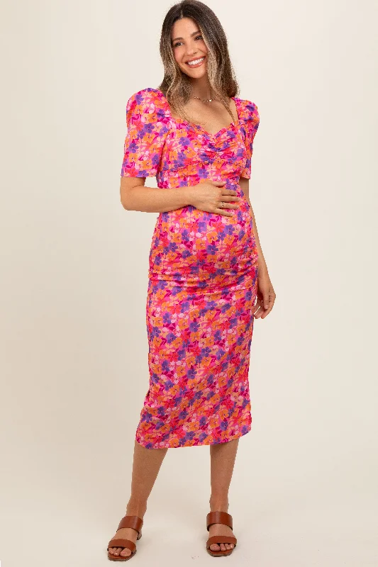 Women's midi dress steel flair -Fuchsia Floral Ruffle Sweetheart Fitted Maternity Midi Dress