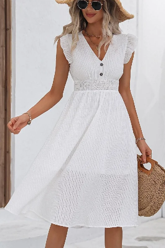 Women's midi dress desk chic -WOMEN FRILL ANGEL SLEEVE V NECK MESH MIDI DRESS