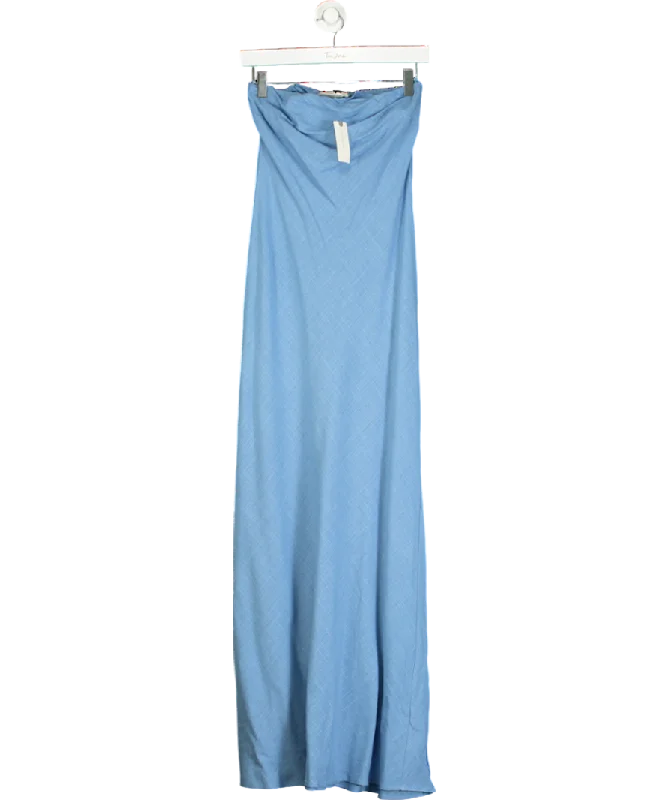 ladies-maxi-dress-padded-petal-Anthropologie Blue The Fleur Strapless Linen-blend Maxi Slip Dress UK 8