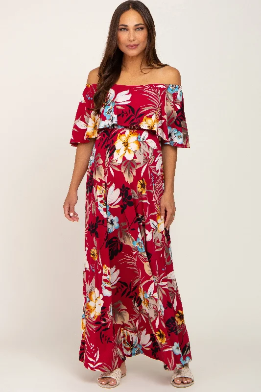 ladies-maxi-dress-sand-sweep-Burgundy Floral Flounce Off Shoulder Maternity Maxi Dress