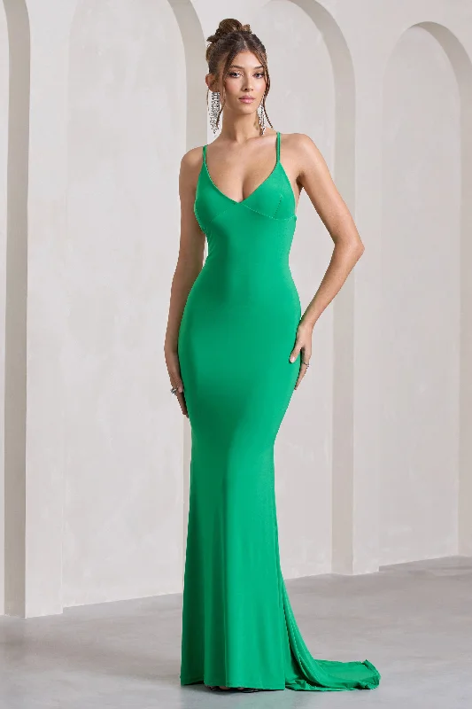 ladies-maxi-dress-dainty-dusk-Lucky Number | Green Cross Back Fishtail Maxi Dress