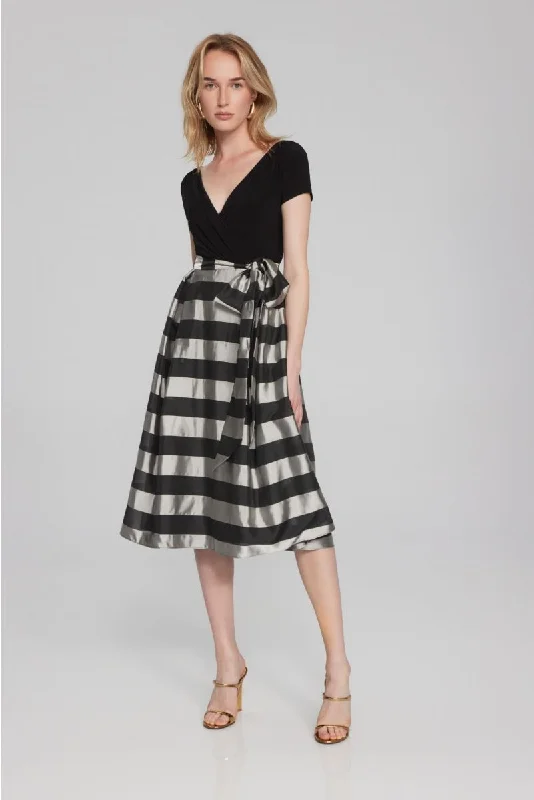 Women's flare dress baby shower -Joseph Ribkoff Black/Silver Striped Organza Midi Fit & Flare Dress 241748