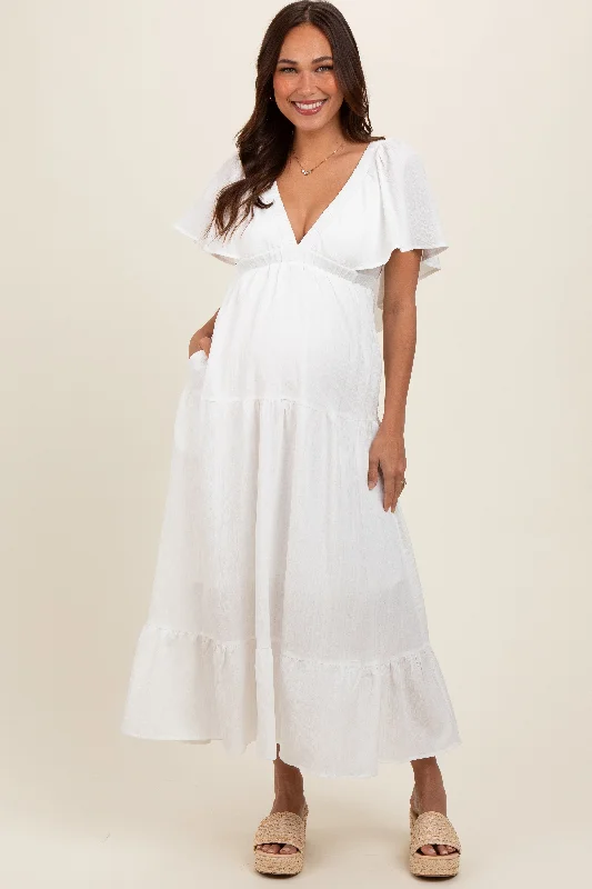 Women's midi dress year chic -Ivory Deep V-Neck Flutter Sleeve Tiered Maternity Midi Dress