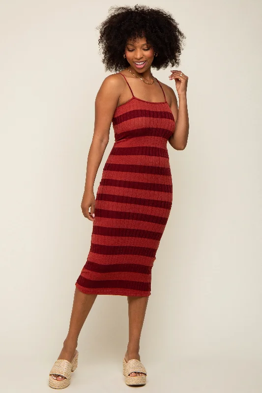 Women's midi dress wink glow -Rust Striped Rib Knit Midi Dress