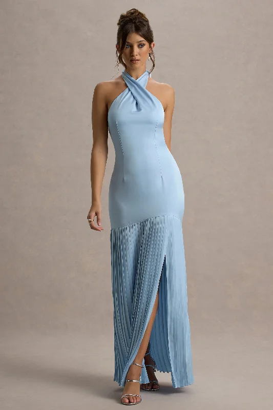 ladies-maxi-dress-holiday-hush-Sansa | Powder Blue Satin Cross Halter-Neck Plisse Maxi Dress