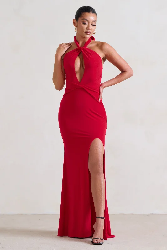 ladies-maxi-dress-ecru-essence-Luxuria | Red Halter Cut Out Maxi Dress