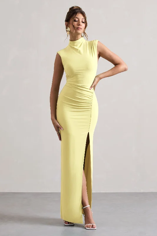 ladies-maxi-dress-long-sleeve-luxe-Lanetta | Lemon Ruched High-Neck Maxi Dress With Split