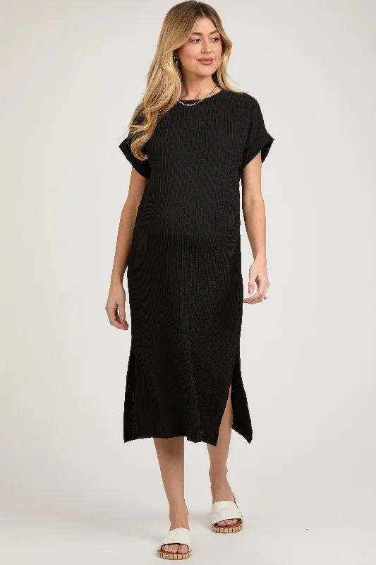 Women's midi dress sprout pop -Black Ribbed Short Sleeve Maternity Midi Dress