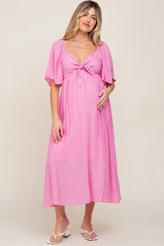 Women's midi dress brisk pop -Pink Front Tie Ruffle Sleeve Maternity Midi Dress