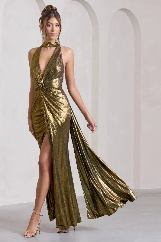 ladies-maxi-dress-sequin-spark-Lost | Gold Metallic Halter-Neck Cut-Out Split Maxi Dress With Drape