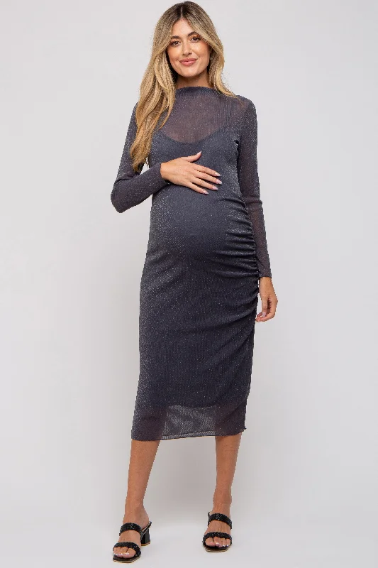 Women's midi dress sway pop -Charcoal Shimmer Mesh Long Sleeve Ruched Maternity Midi Dress