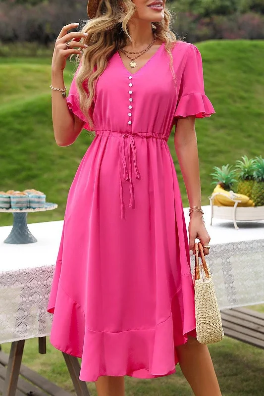 Women's midi dress star chic -DRAWSTRING RUFFLED PUFF MIDI DRESS