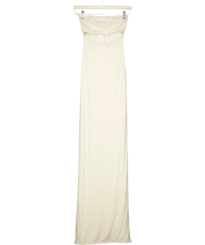 ladies-maxi-dress-fitted-fawn-Naked Wardrobe Cream Smooth Cut Out Tube Maxi Dress UK 8