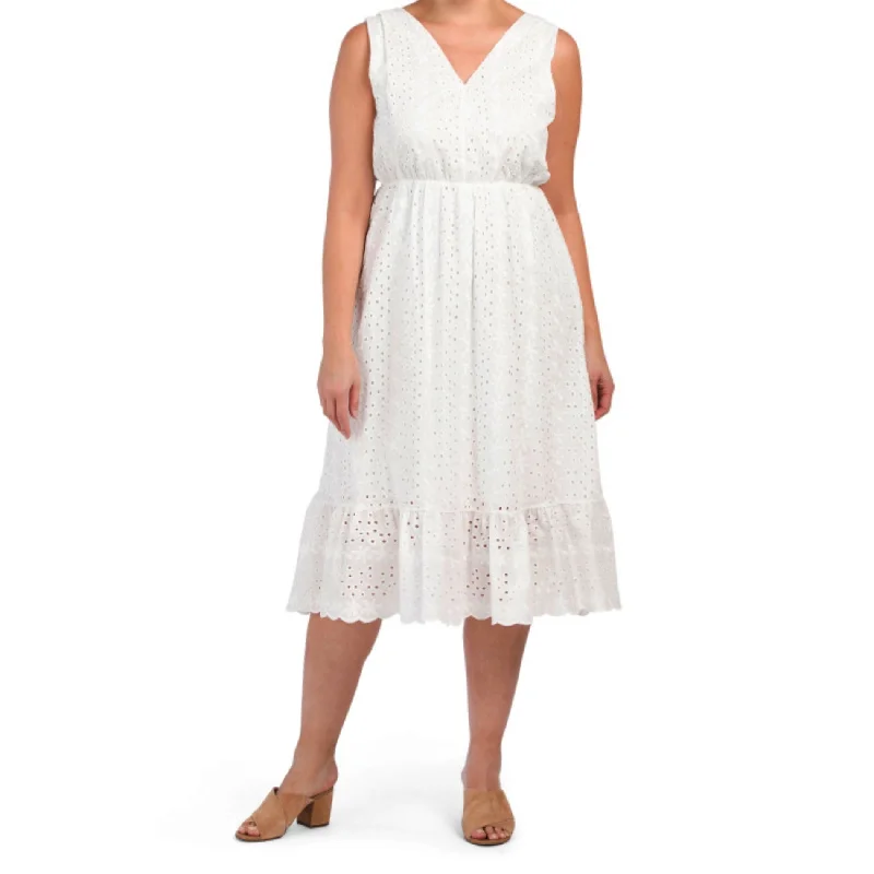 Women's midi dress tug chic -Lungo L'arno Italy Plus Ruffle Hem Cotton Eyelet Midi Dress