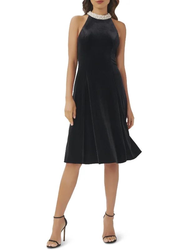 Women's flare dress feather -Womens Velvet Mid Calf Fit & Flare Dress