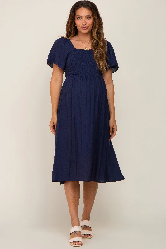 Women's midi dress mute flair -Navy Blue Smocked Square Neck Flutter Short Sleeve Maternity Midi Dress