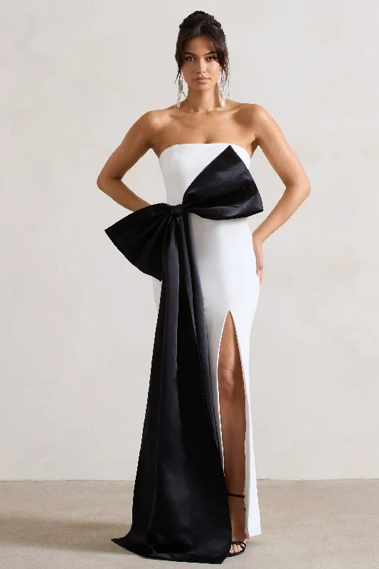 ladies-maxi-dress-vermilion-vibe-Sincerely | White Bandeau Split Maxi Dress With Oversized Black Bow