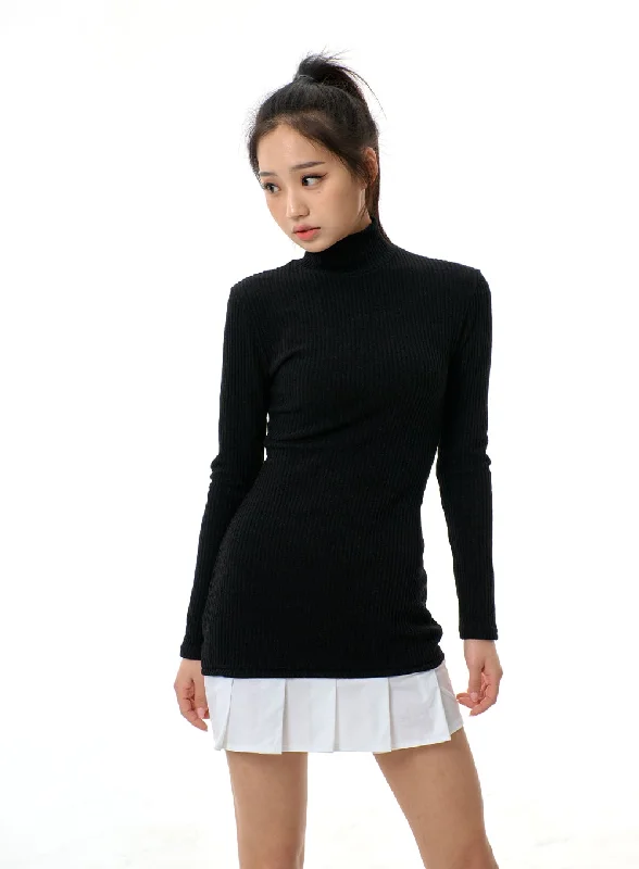 ladies-mini-dress-off-shoulder-orchid-Layered Pleated Turtleneck Knit Mini Dress BJ312