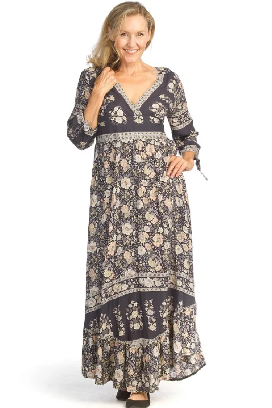 ladies-maxi-dress-tall-tide-Papillon Floral border Empire Waist Maxi Dress with Tie Sleeves PD-14752