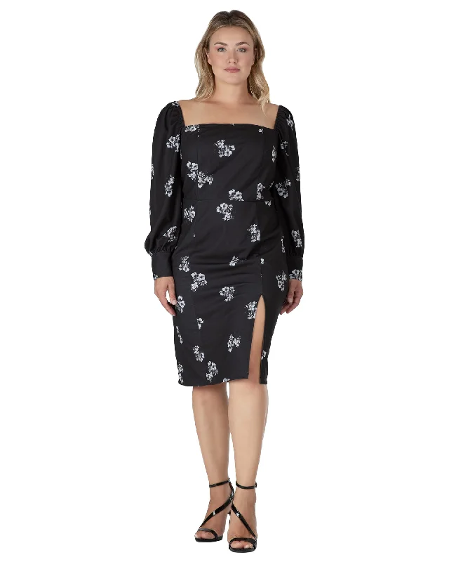 Women's midi dress flare flair -Women's Floral Print Drop Sleeve Midi Dress | Black/White Sakura