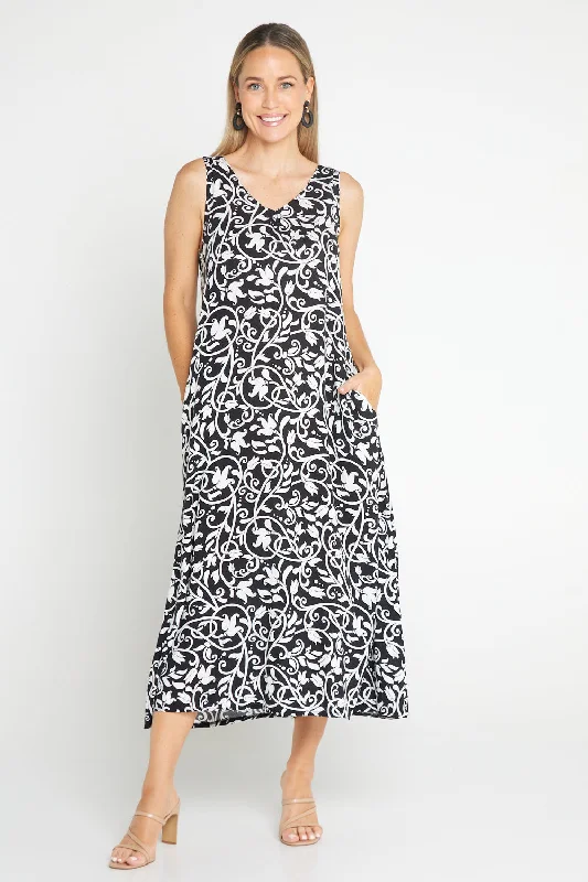 Women's midi dress wide pop -Sienna Sleeveless Midi Dress - Black Floral Flourish