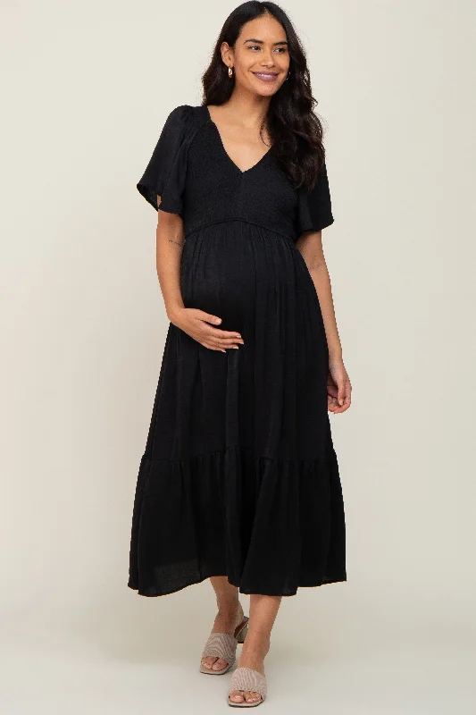 Women's midi dress peak flair -Black Satin Smocked Maternity Midi Dress