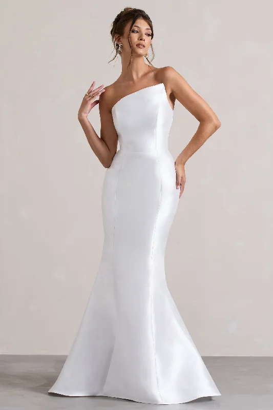 ladies-maxi-dress-cowl-cool-Define | White Satin Asymmetric Fishtail Maxi Dress