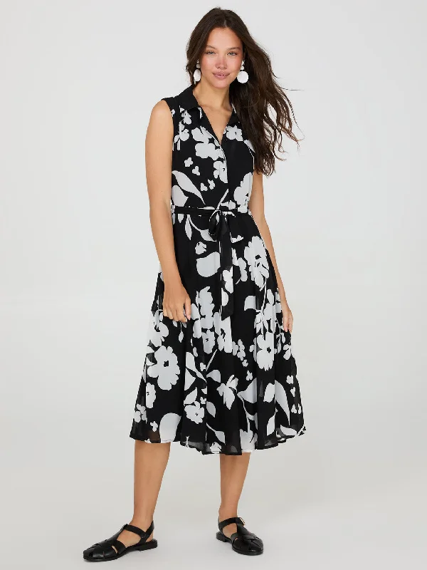 Women's midi dress retro pop -Sleeveless Floral Print Button-Front Midi Dress