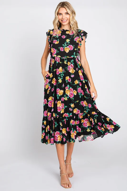 Women's midi dress still pop -Black Floral Ruffle Shoulder Tiered Midi Dress