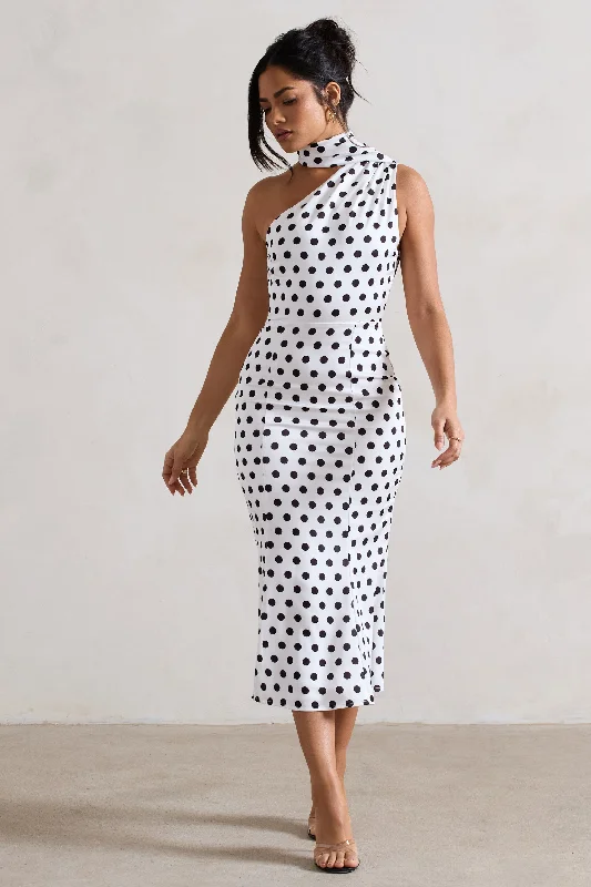 Women's flare dress sporty -Golden Girl | White Polka Dot One Shoulder High-Neck Flared Midi Dress