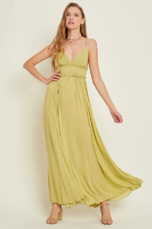 Women's flare dress textured -Lime Gauze Maxi Flare Dress