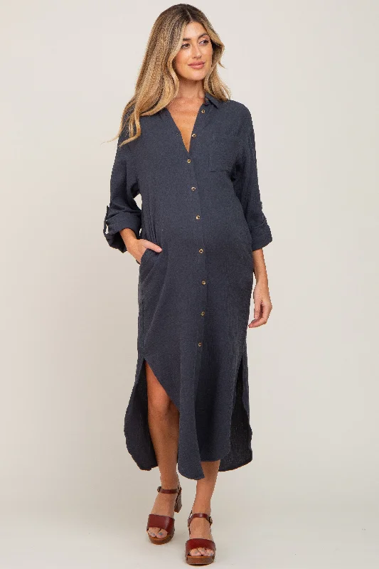 Women's midi dress path pop -Charcoal Button Down 3/4 Sleeve Maternity Midi Dress