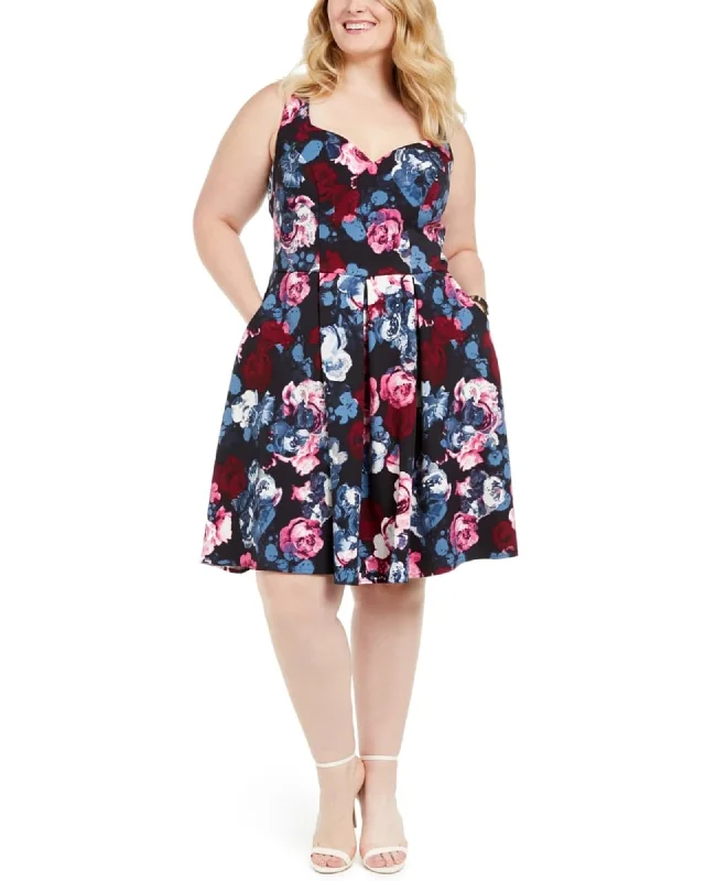 Women's flare dress 50s style -Trixxi Women's Trendy Plus Size Floral-Print Fit & Flare Dress Navy Size 18W | Blue