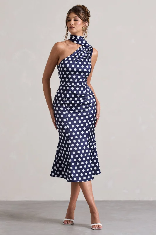 Women's flare dress ethereal -Golden Girl | Navy Polka Dot Asymmetric High-Neck Flared Midi Dress